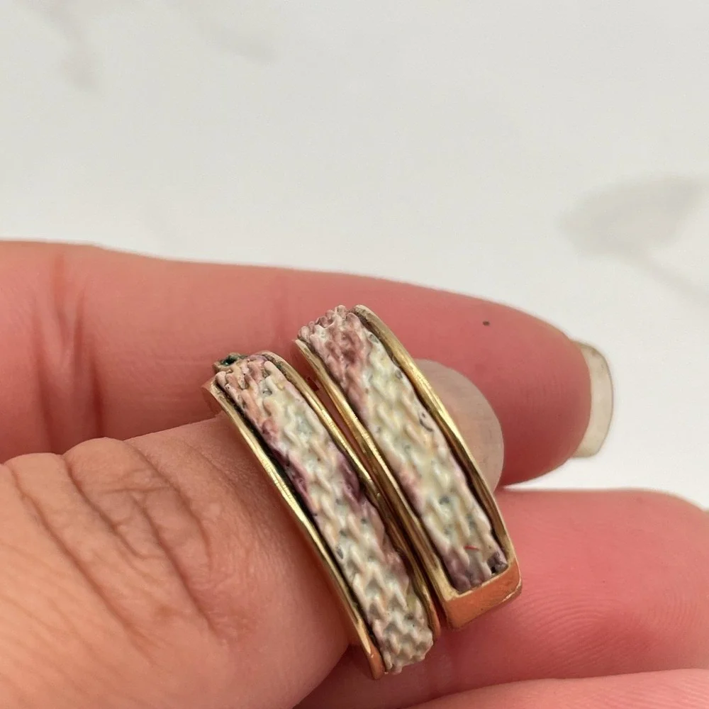 Vintage Gold Tone Hoop Earrings with Woven Style Enamel Detail Snap Closure Boho